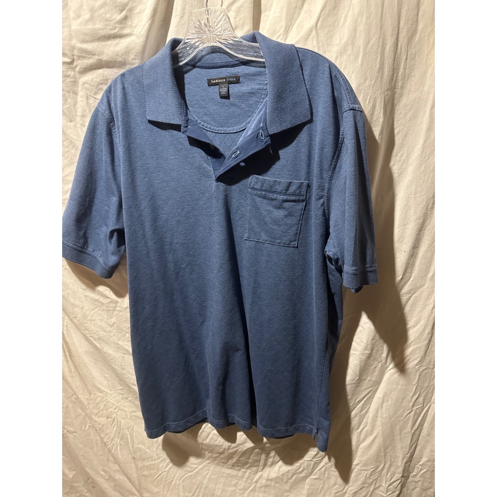 Van Heusen Studio Mens Blue Short Sleeve Polo Shirt Large Chest Pocket Cotton